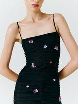 Embellished Ruched Mesh Midi Dress