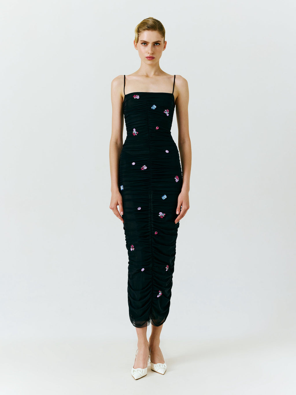 Embellished Ruched Mesh Midi Dress