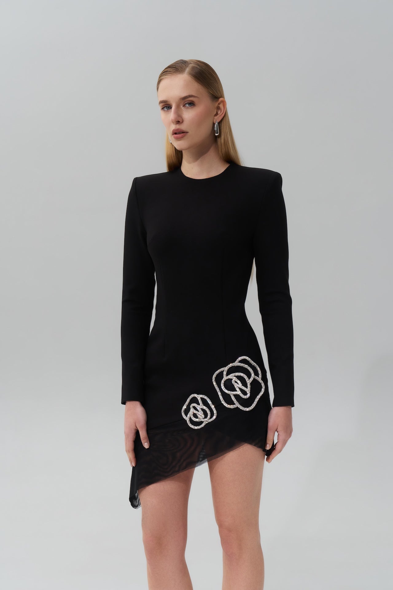 Asymmetrical Mini Dress with Crystal Rose Embellishments
