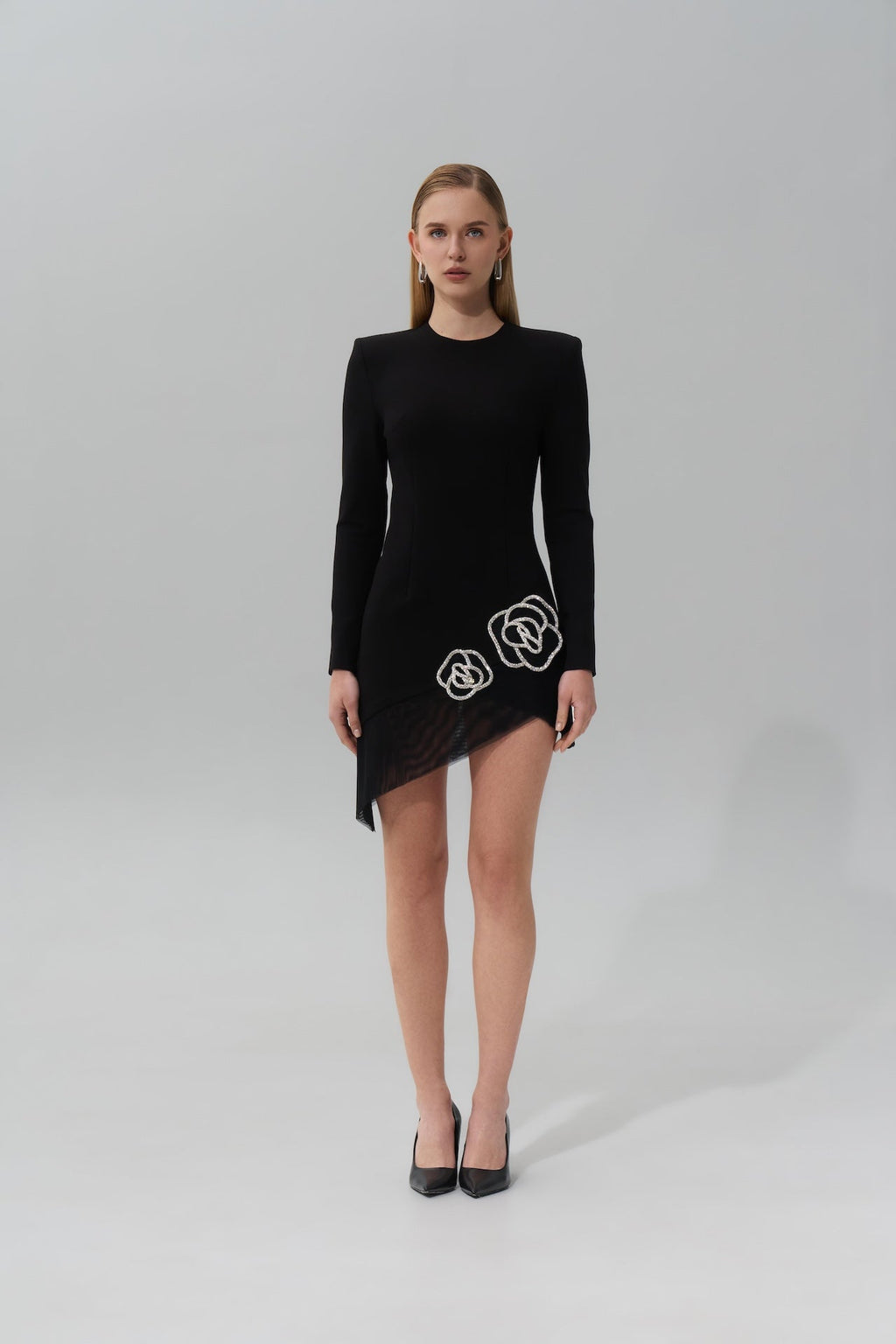Asymmetrical Mini Dress with Crystal Rose Embellishments