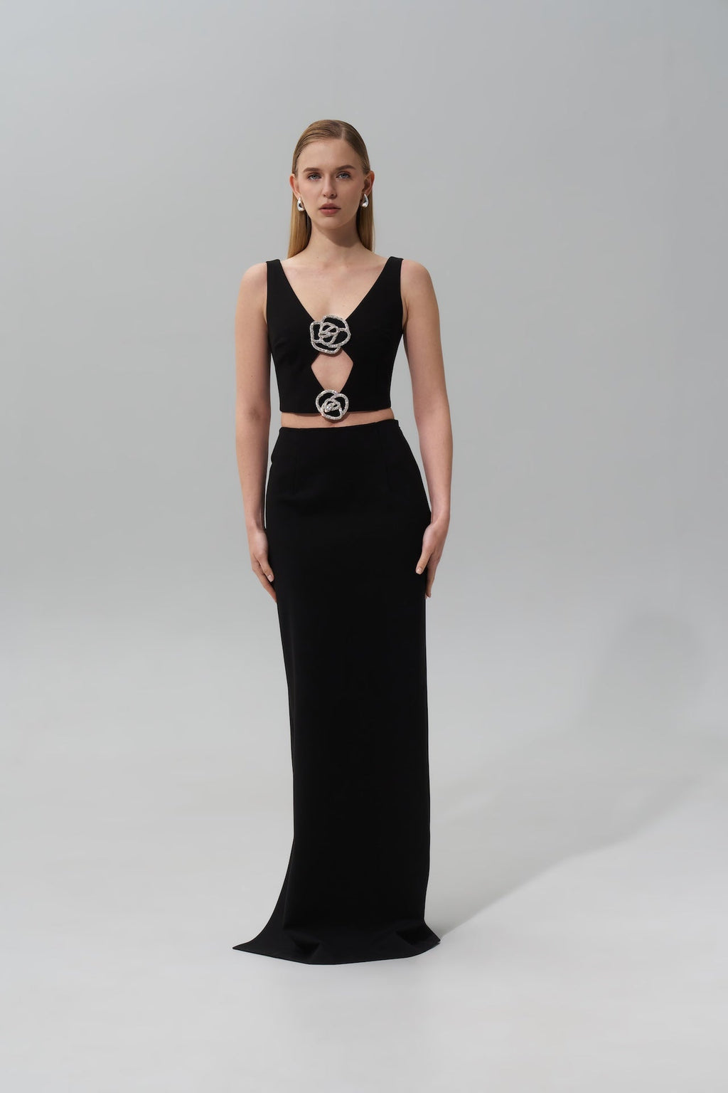 CUTOUT TOP WITH CRYSTAL ROSE EMBELLISHMENT