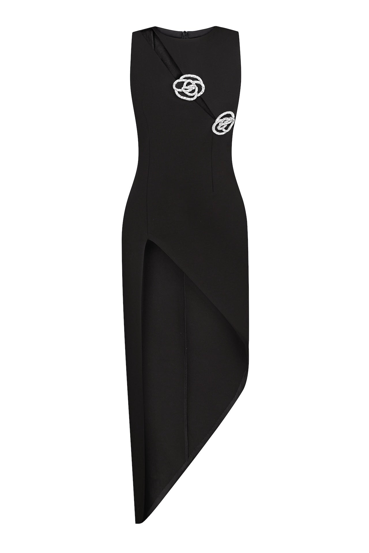 Crystal Rose Detailed High-Slit Black Dress