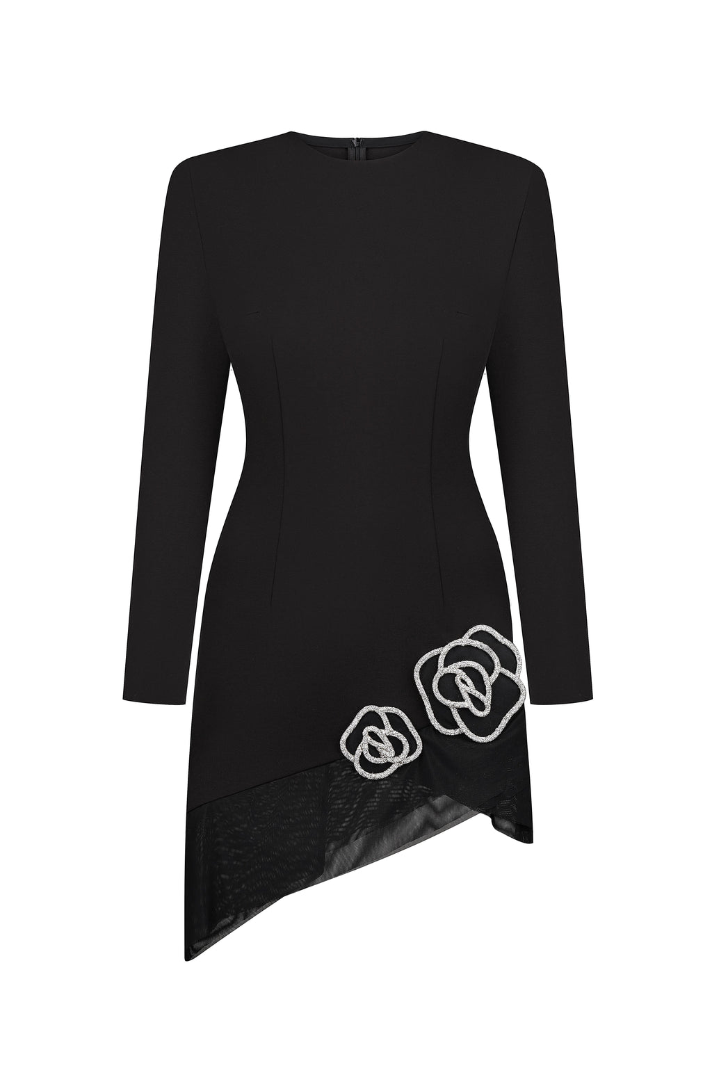 Asymmetrical Mini Dress with Crystal Rose Embellishments