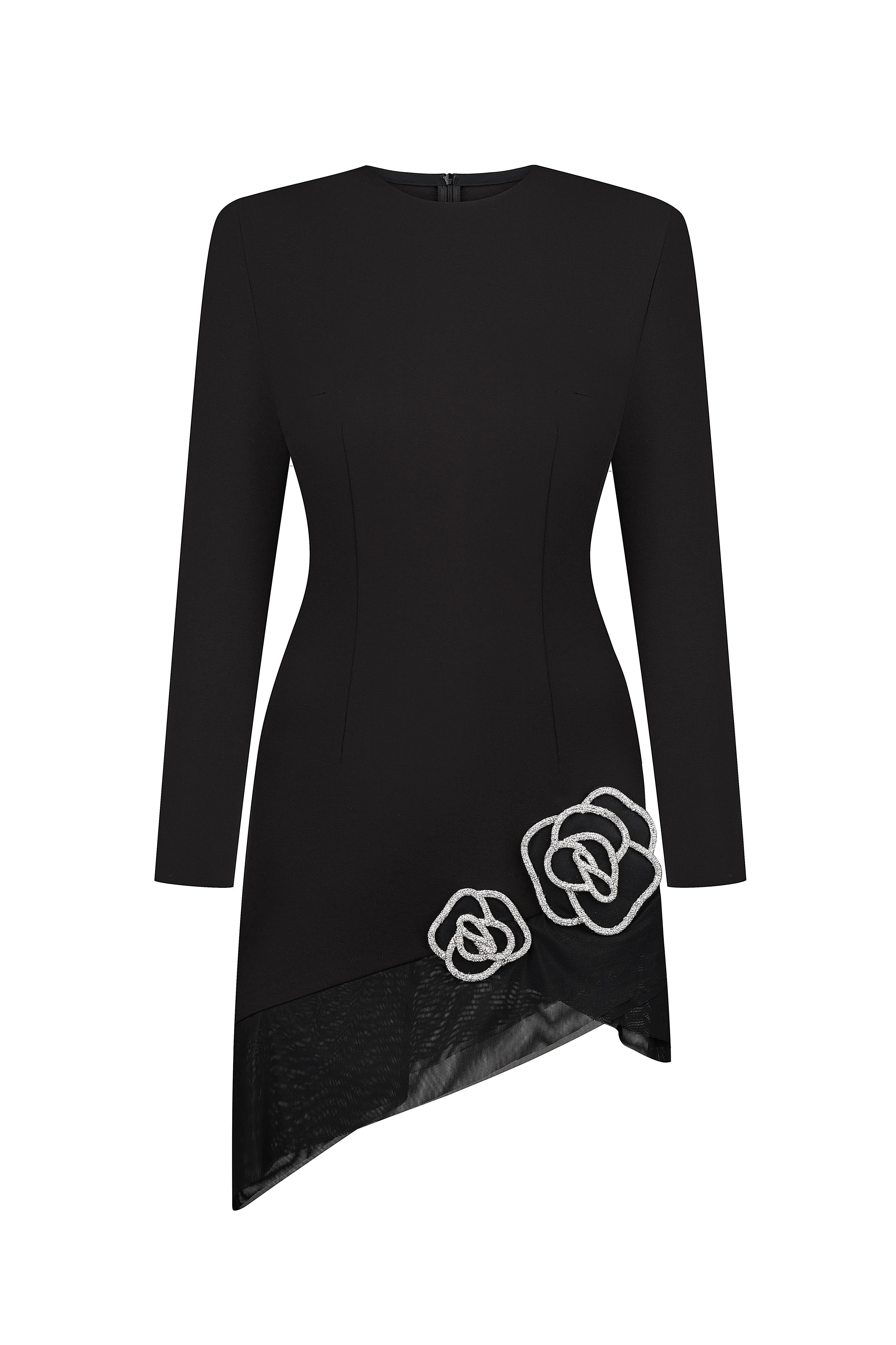 Asymmetrical Mini Dress with Crystal Rose Embellishments