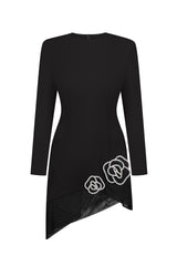 Asymmetrical Mini Dress with Crystal Rose Embellishments