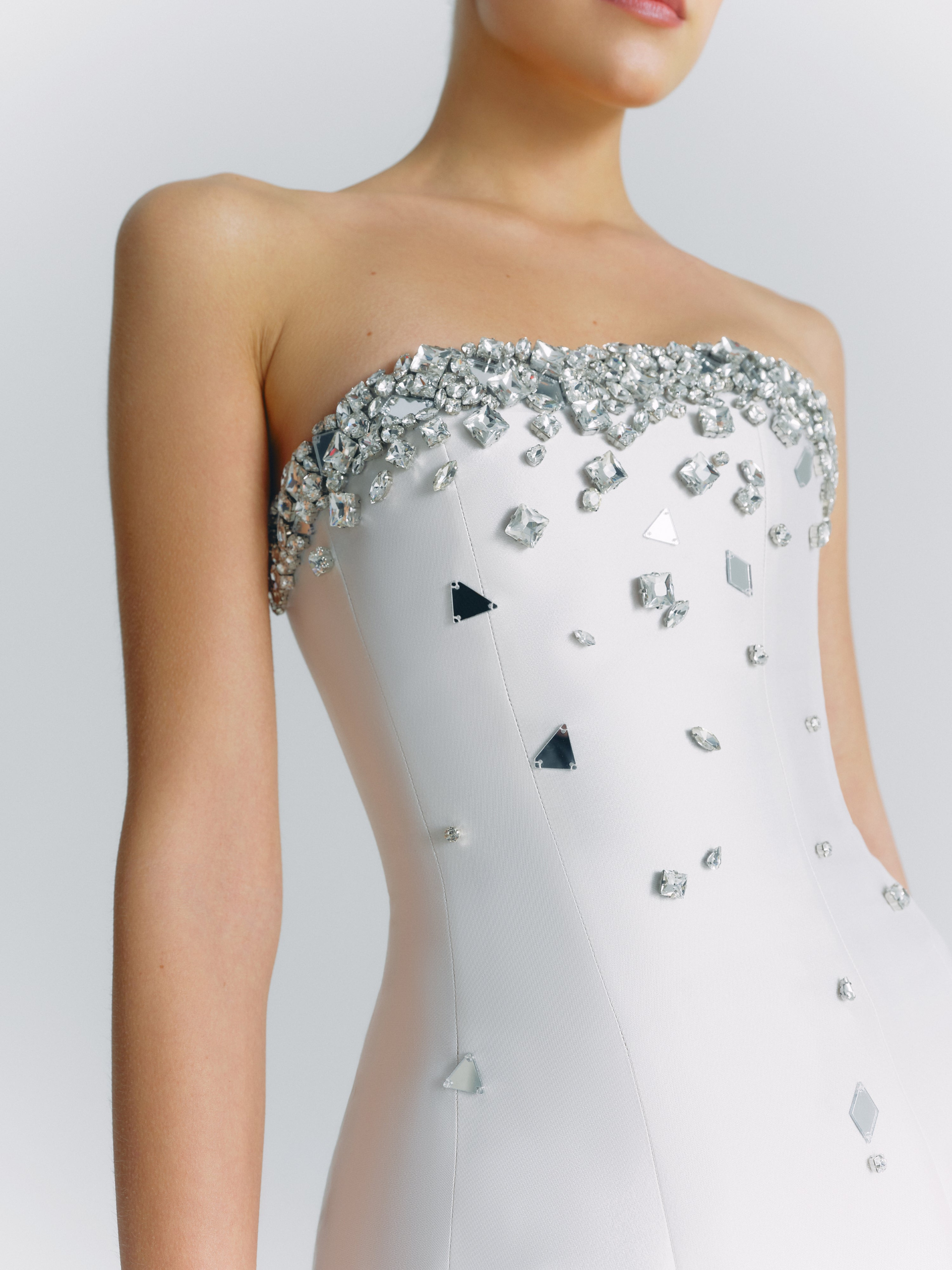 Crystal Embellished Strapless Mini Dress in White