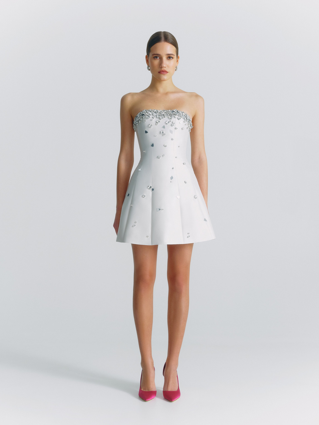 Crystal Embellished Strapless Mini Dress in White