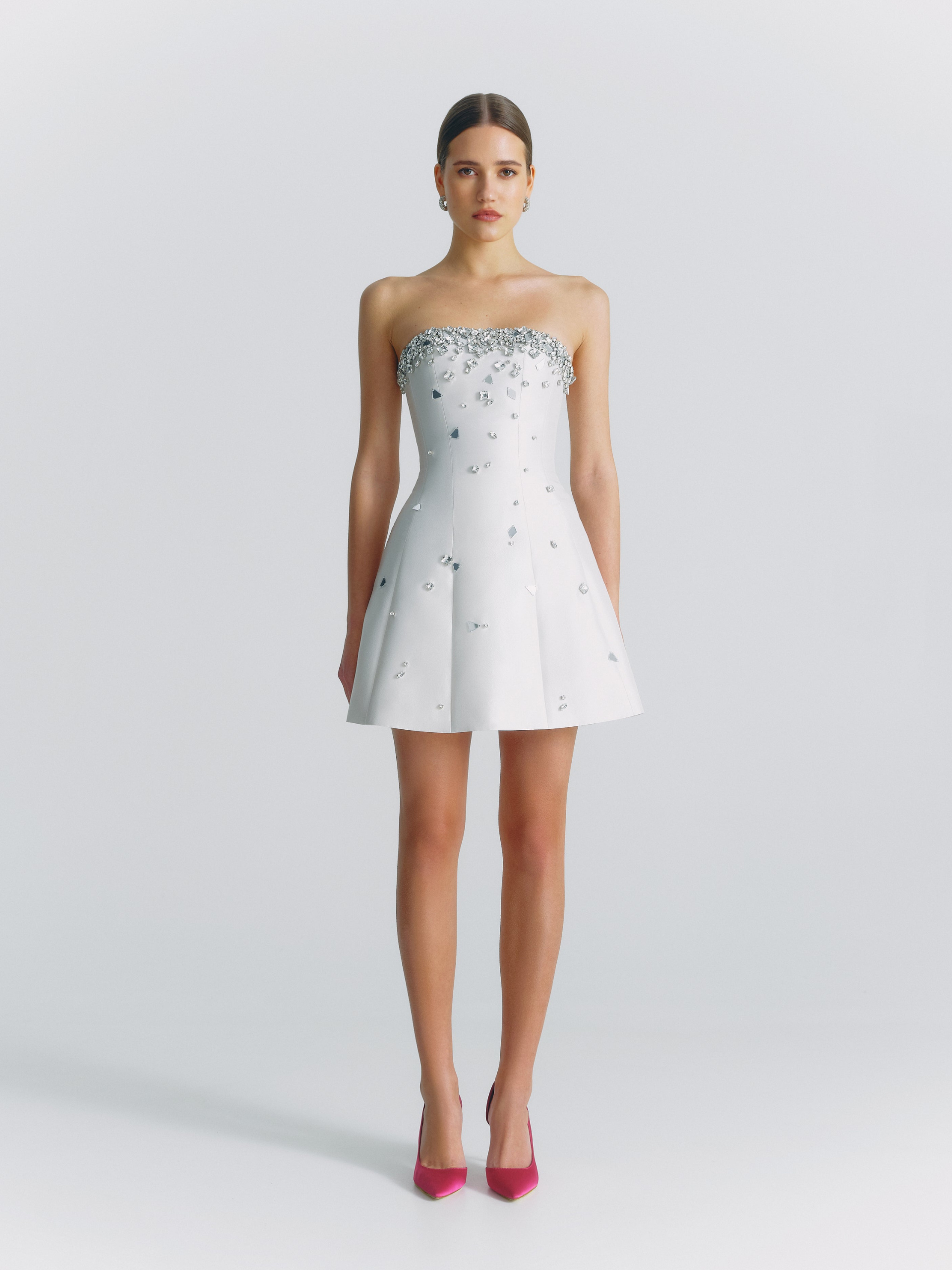 Crystal Embellished Strapless Mini Dress in White