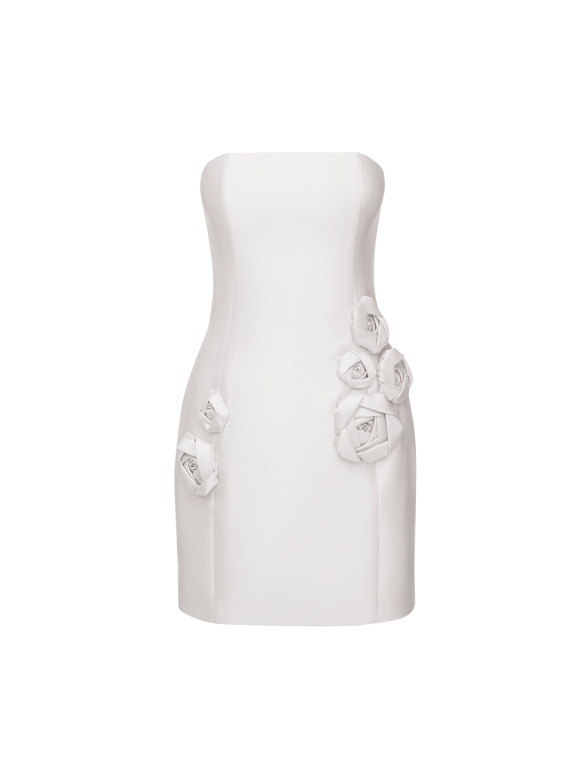 Strapless Mini Dress with Handcrafted 3D Floral Appliqué in White
