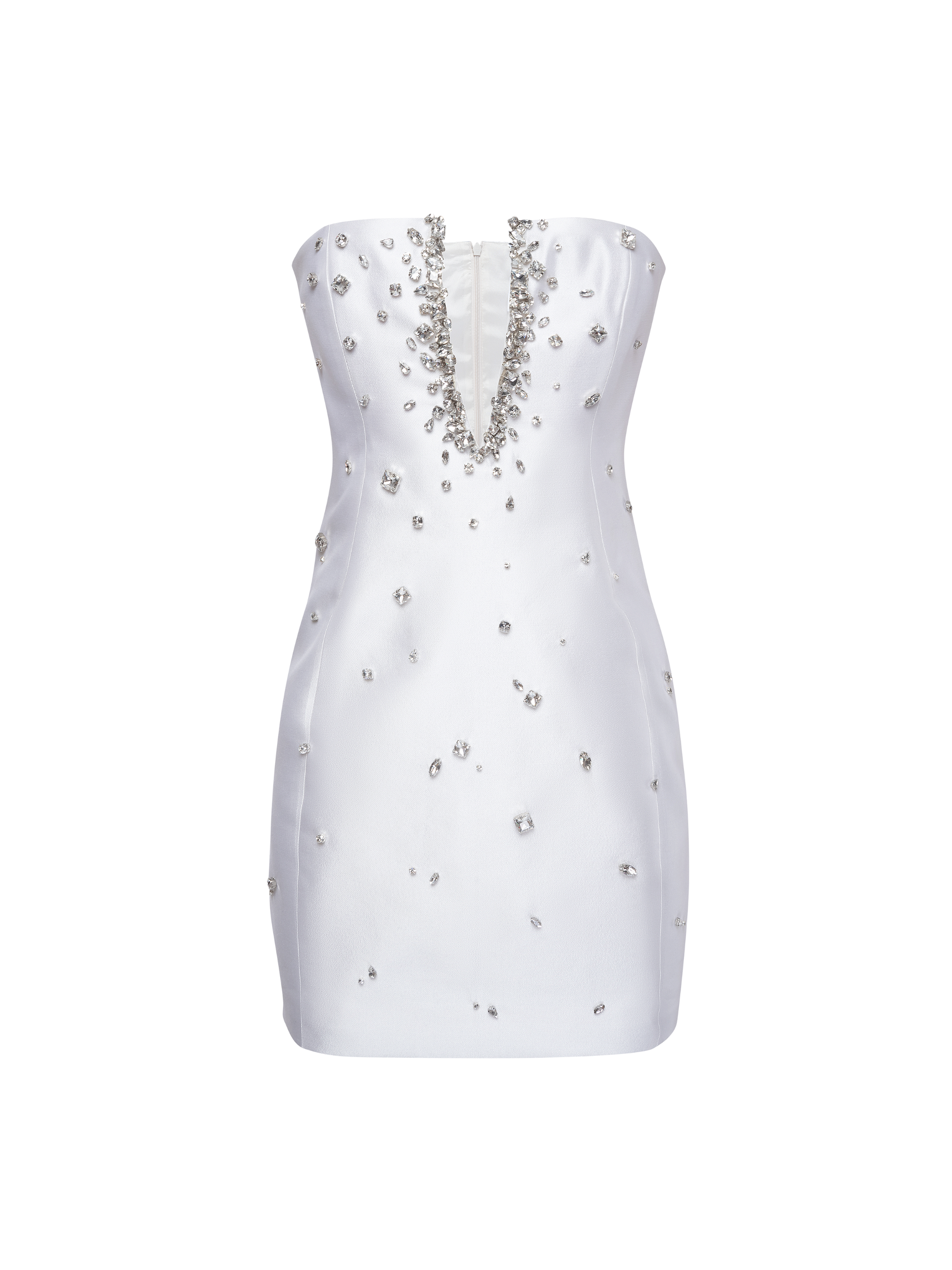 Crystal Plunge Neckline Strapless Mini Dress in White
