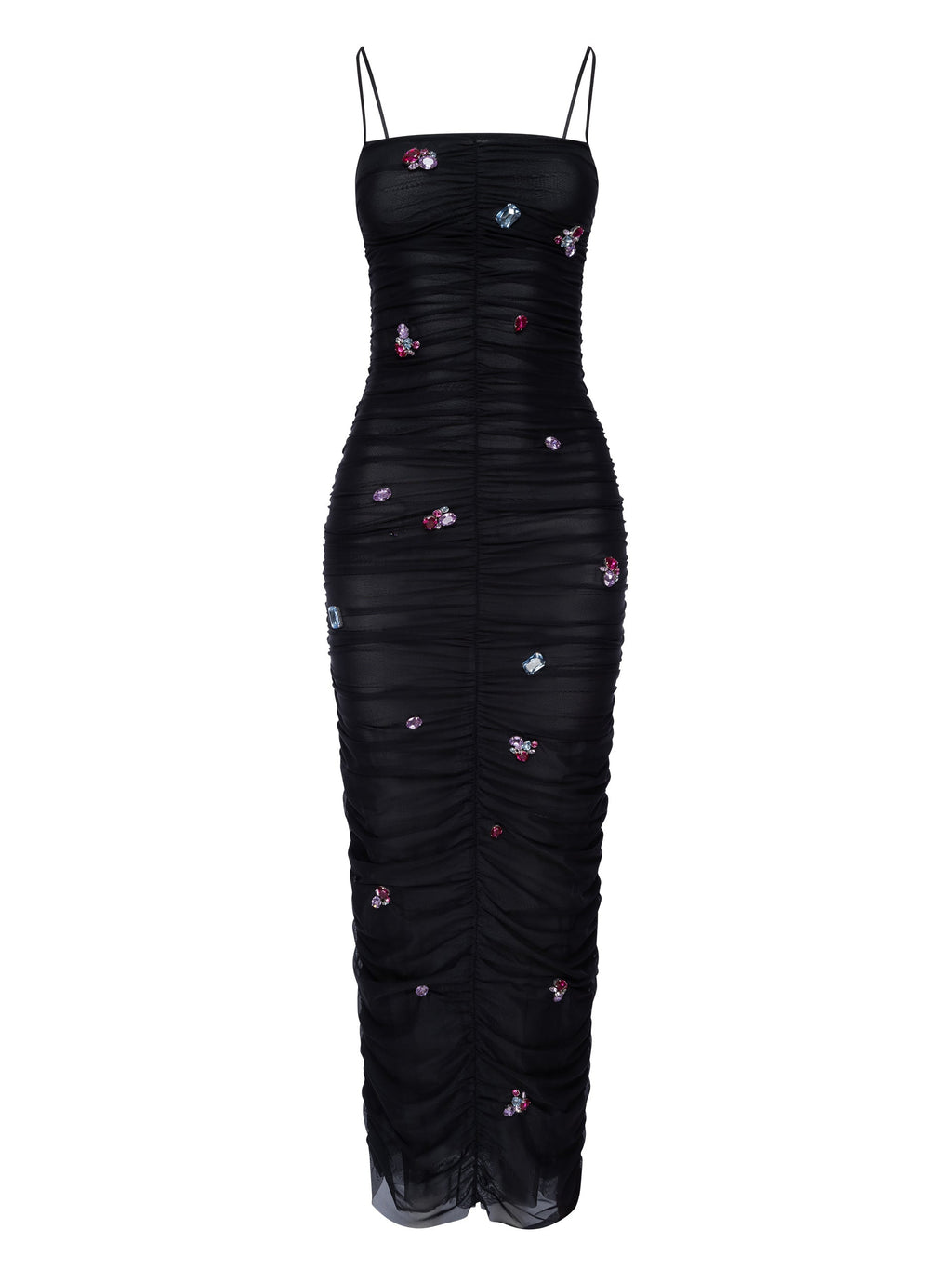 Embellished Ruched Mesh Midi Dress