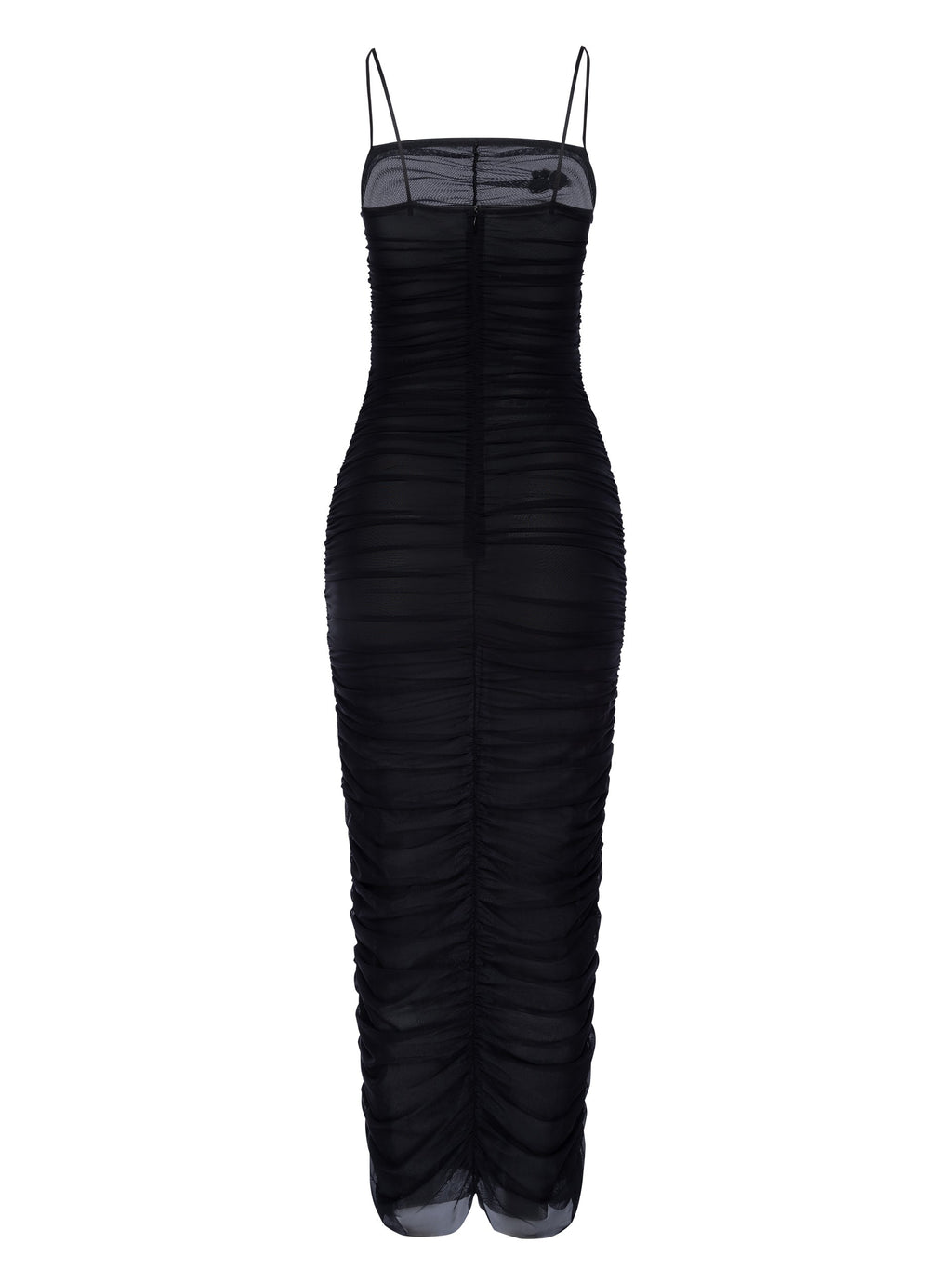 Embellished Ruched Mesh Midi Dress