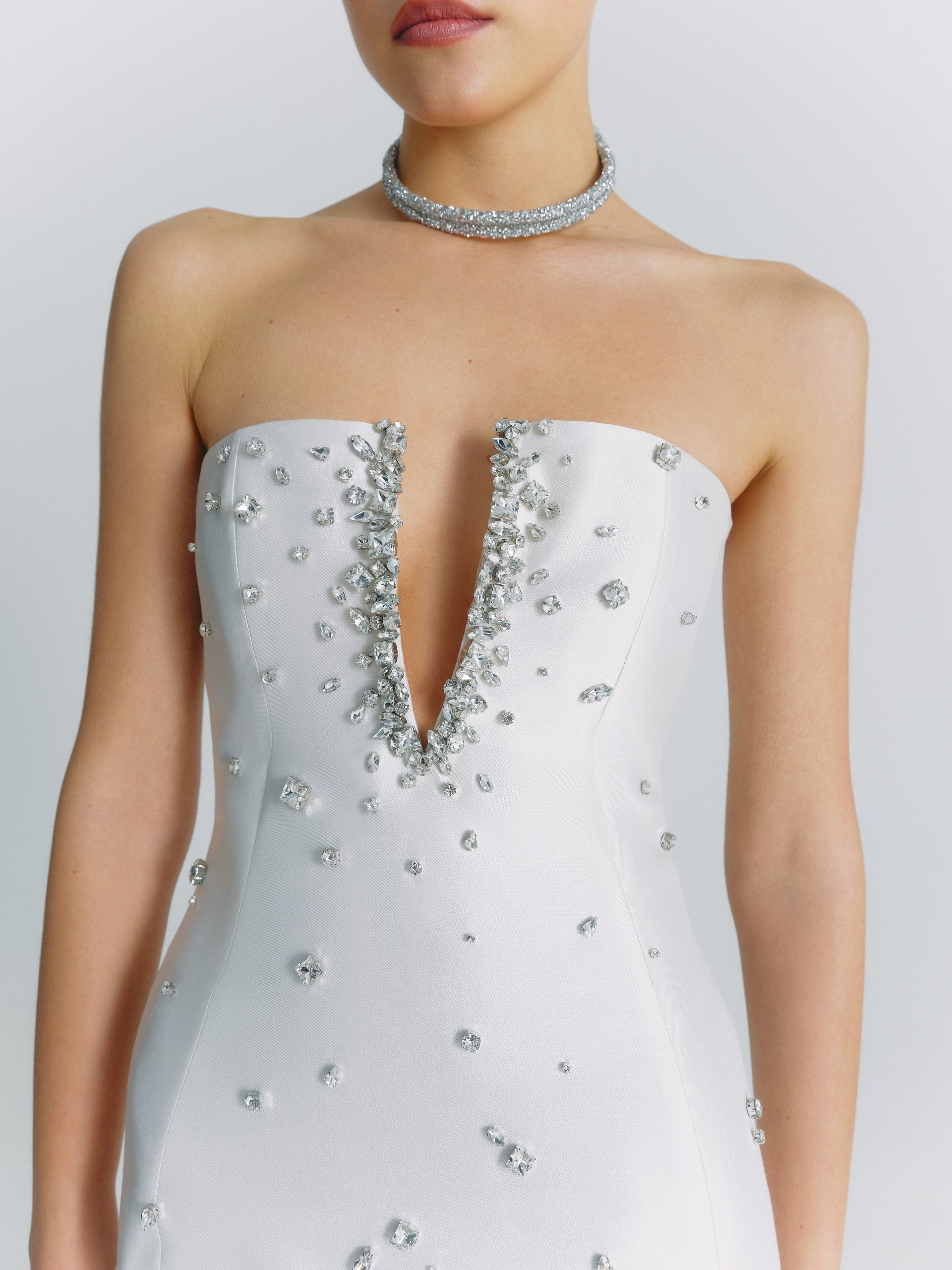 Crystal Plunge Neckline Strapless Mini Dress in Black