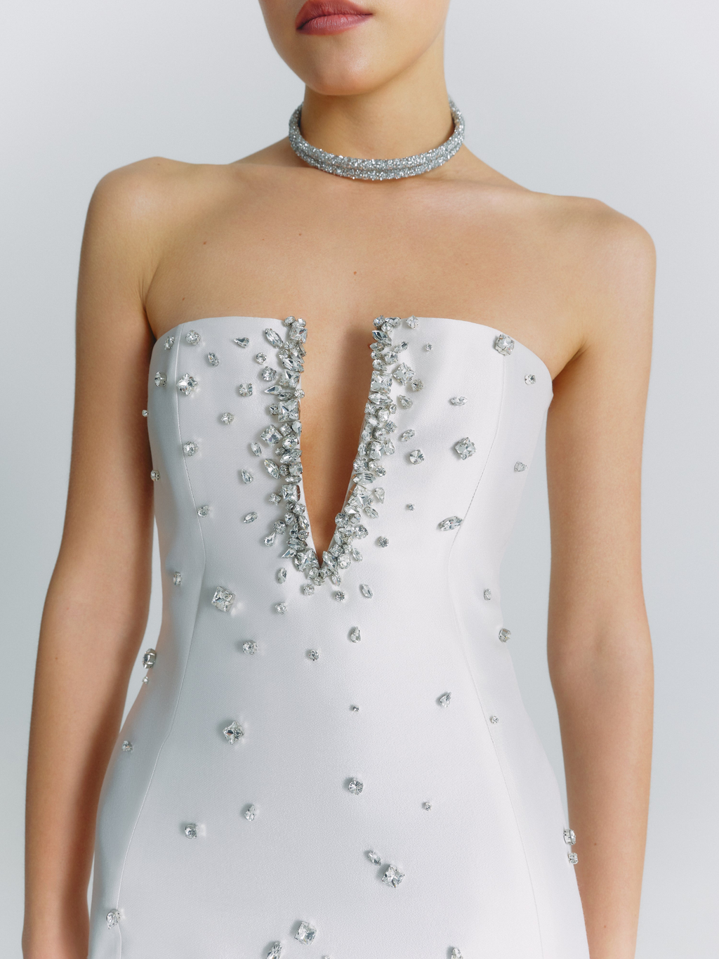 Crystal Plunge Neckline Strapless Mini Dress in White