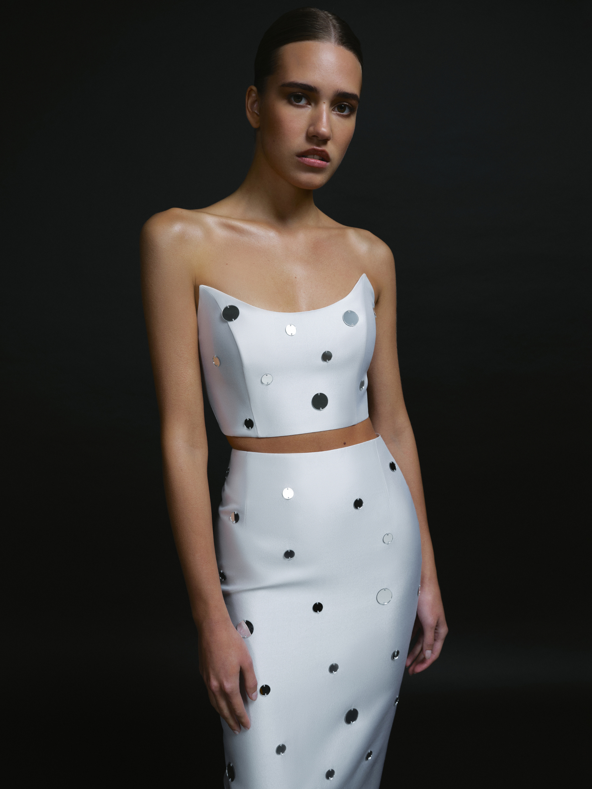 Strapless White Corset Top with Mirror Embellishments