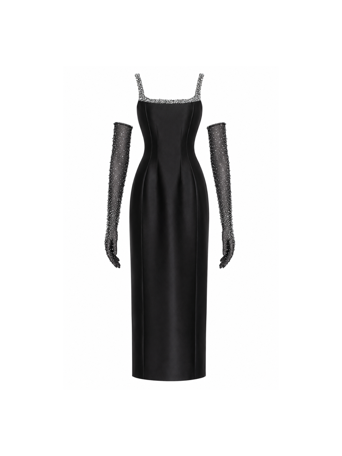 Square-Neck Crystal-Embellished Satin Maxi Dress in Black