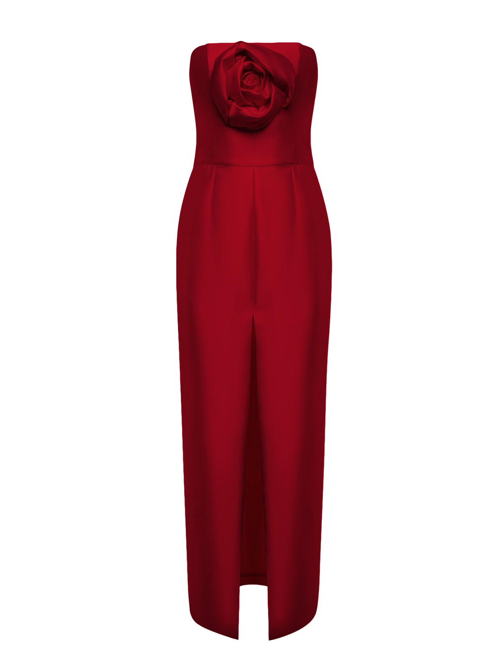Strapless Silk Wool Column Dress with 3D Rose Detail in Red