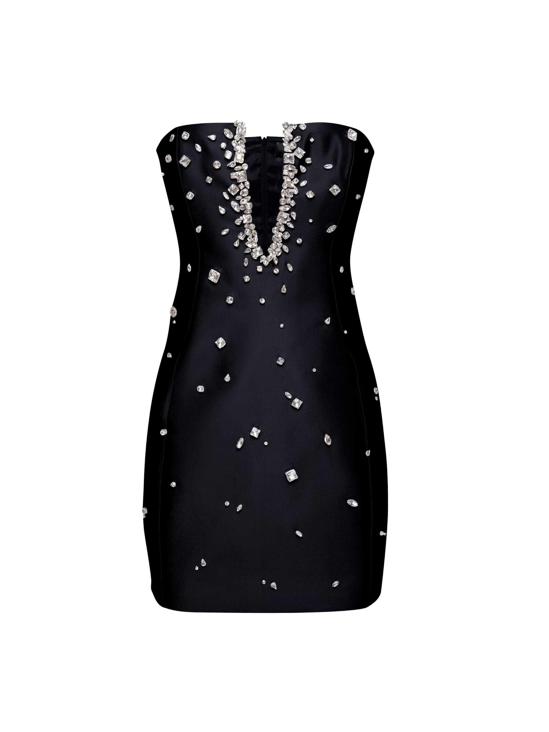 Crystal Plunge Neckline Strapless Mini Dress in Black