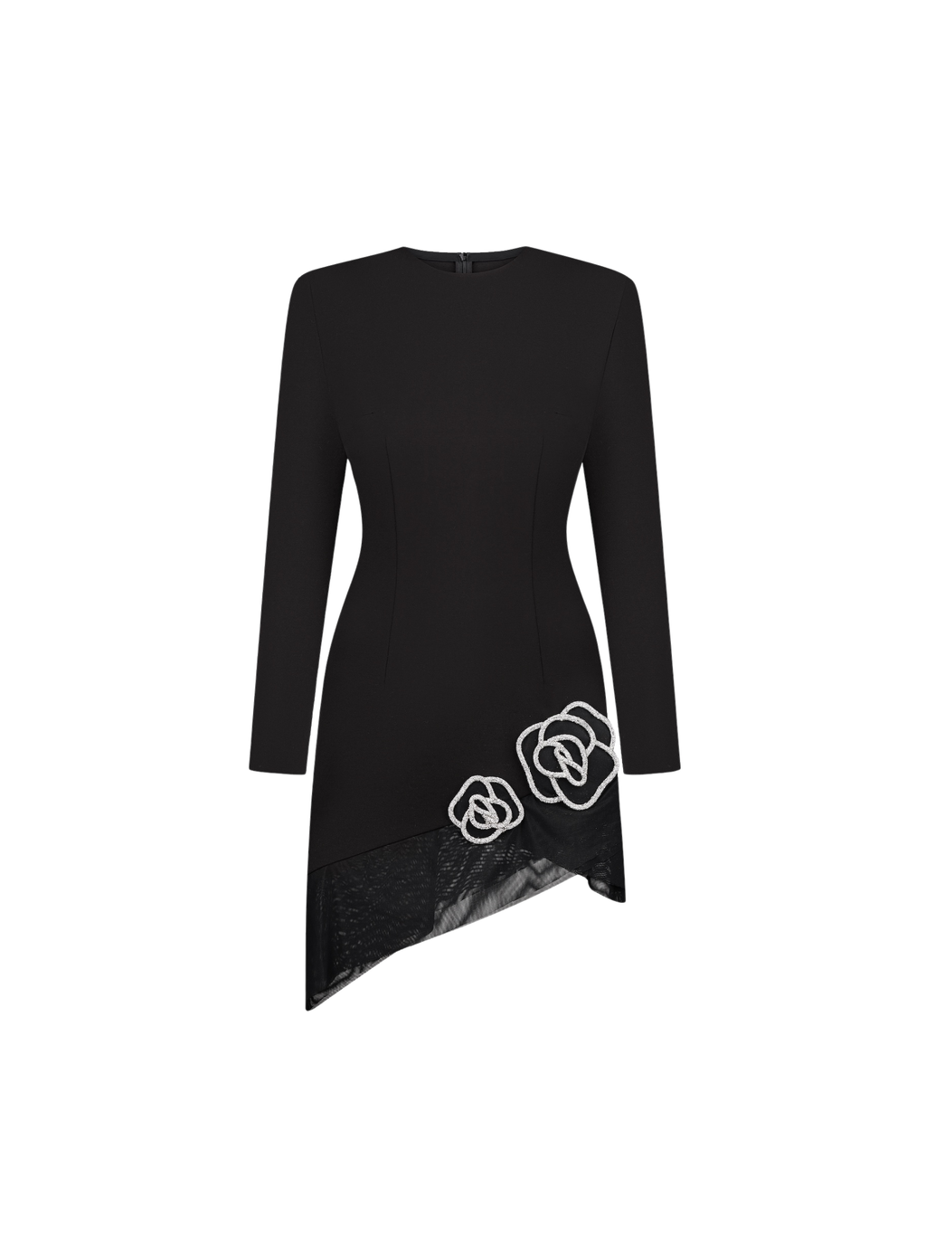 SAMPLE: Asymmetrical Mini Dress with Crystal Rose Embellishments
