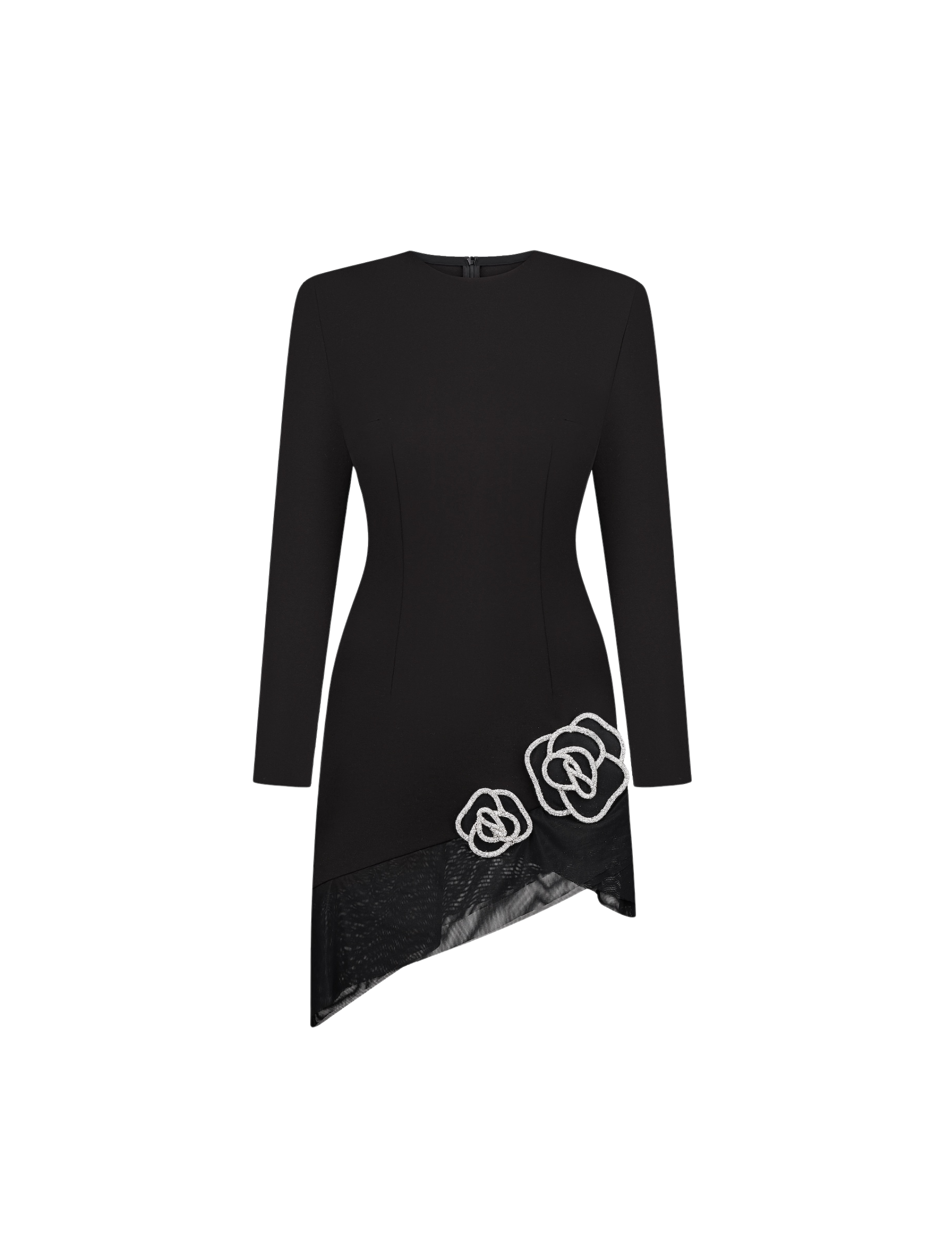 SAMPLE: Asymmetrical Mini Dress with Crystal Rose Embellishments