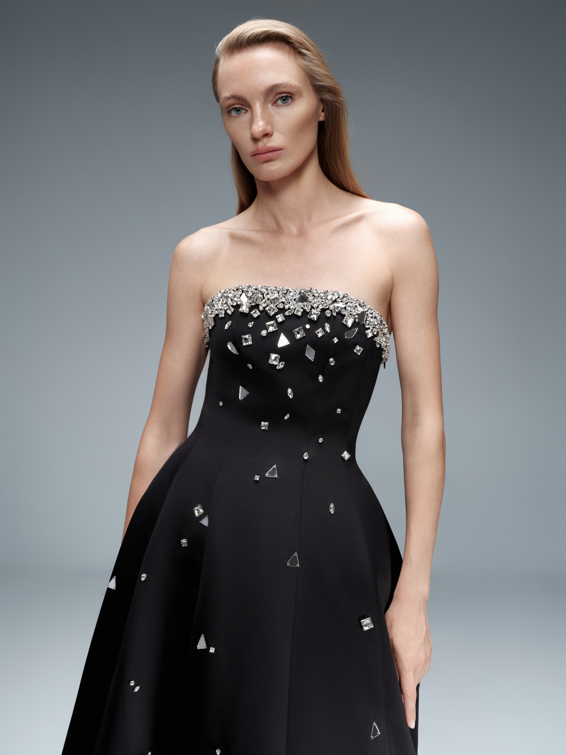 Crystal-Embellished Strapless Maxi Dress in White