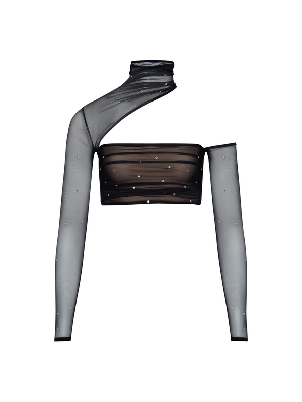 Open Shoulder Embellished Mesh Top