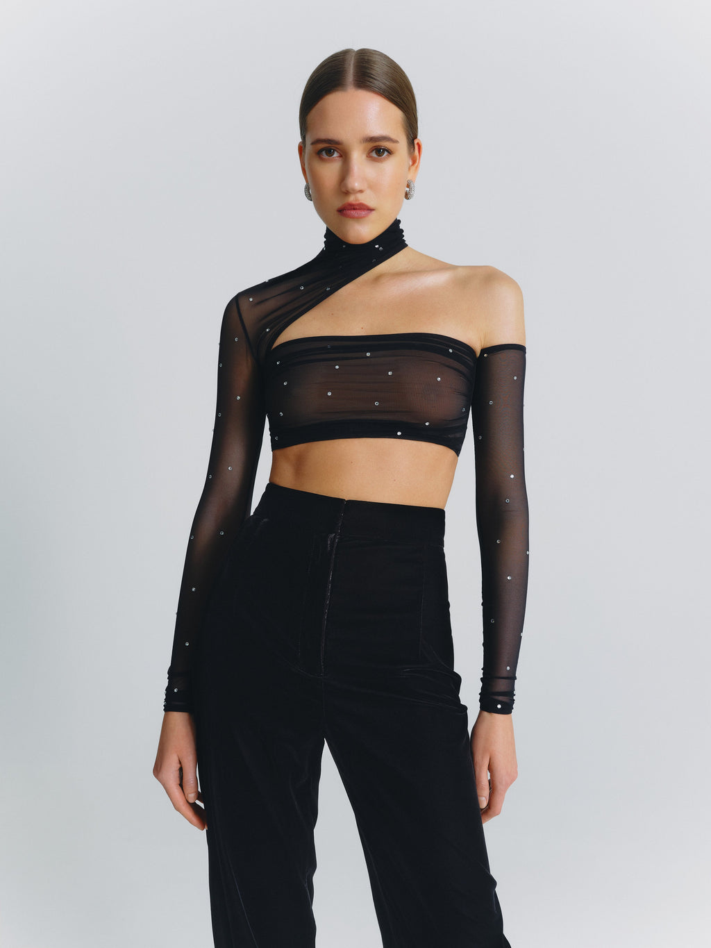 Open Shoulder Embellished Mesh Top