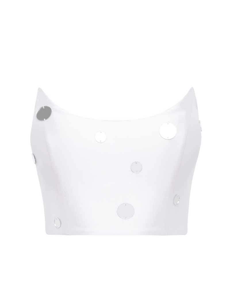 Strapless White Corset Top with Mirror Embellishments