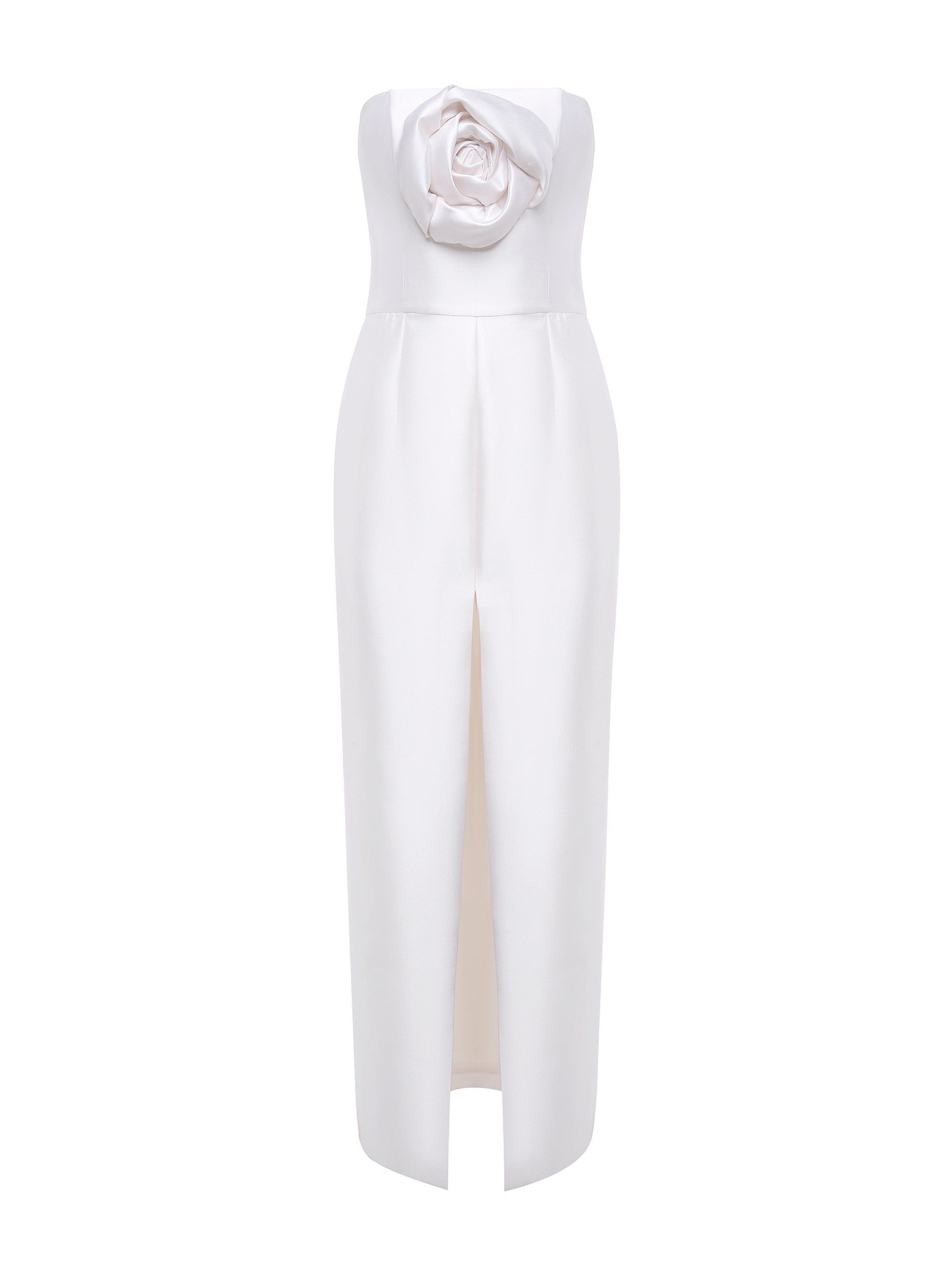 Strapless Silk Wool Column Dress with 3D Rose Detail in White