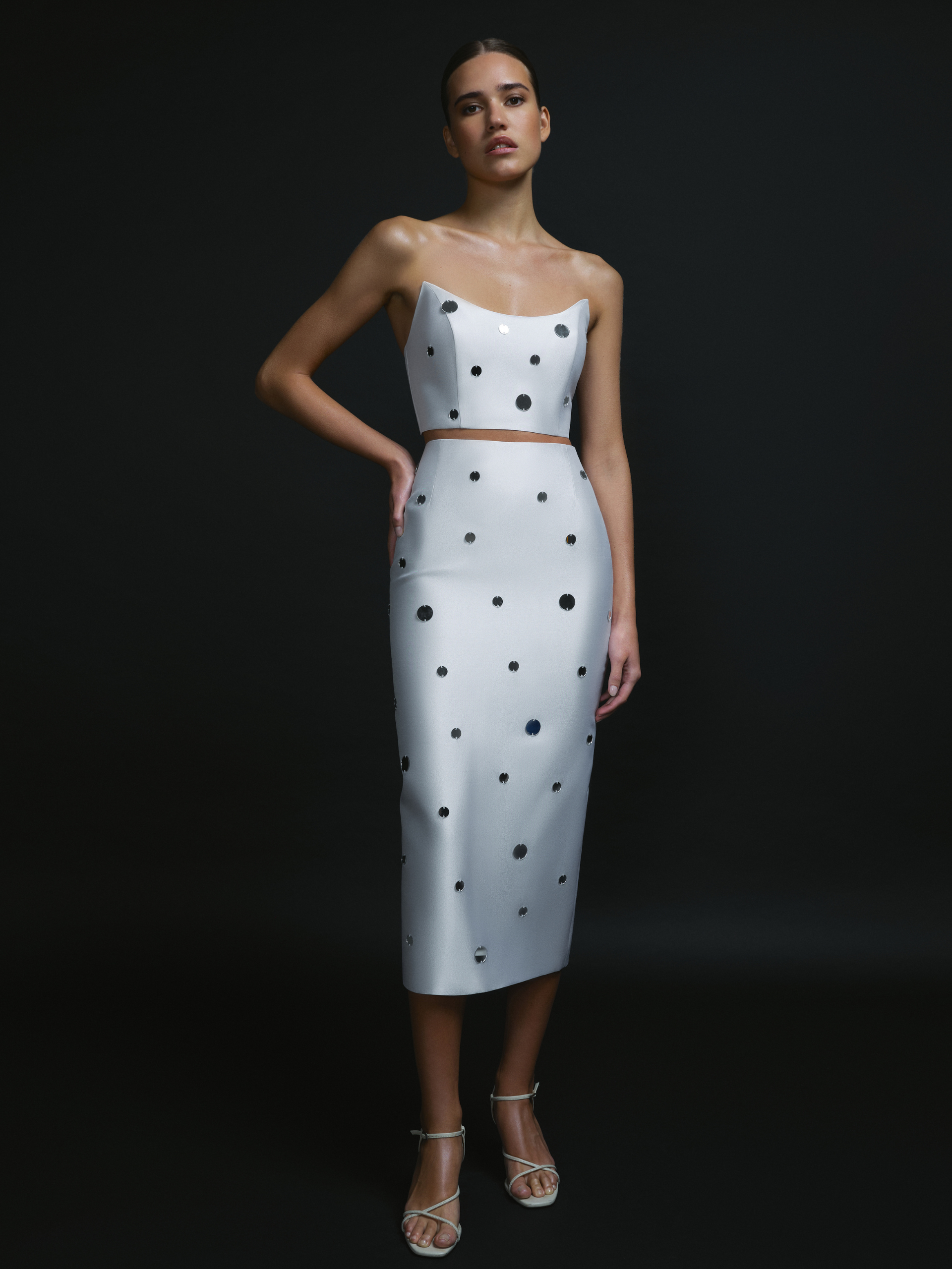 Strapless White Corset Top with Mirror Embellishments