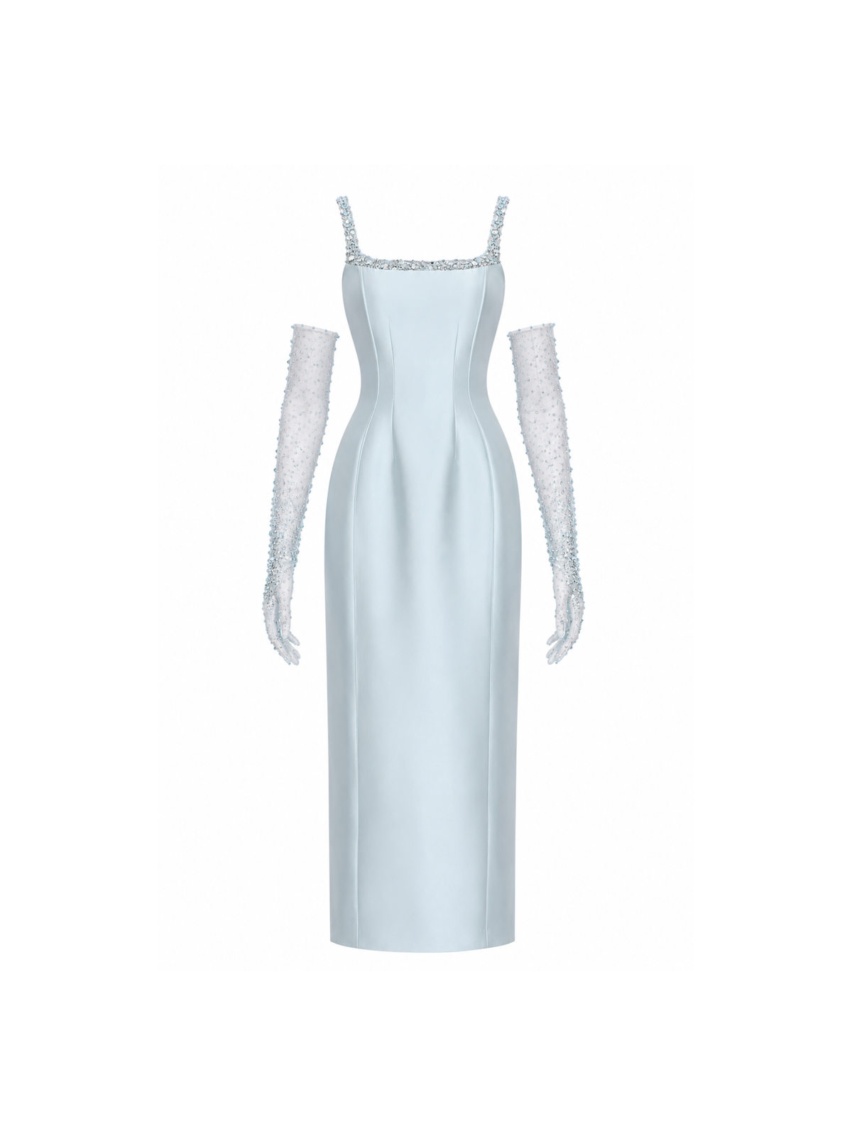 Square-Neck Crystal-Embellished Satin Maxi Dress in Blue