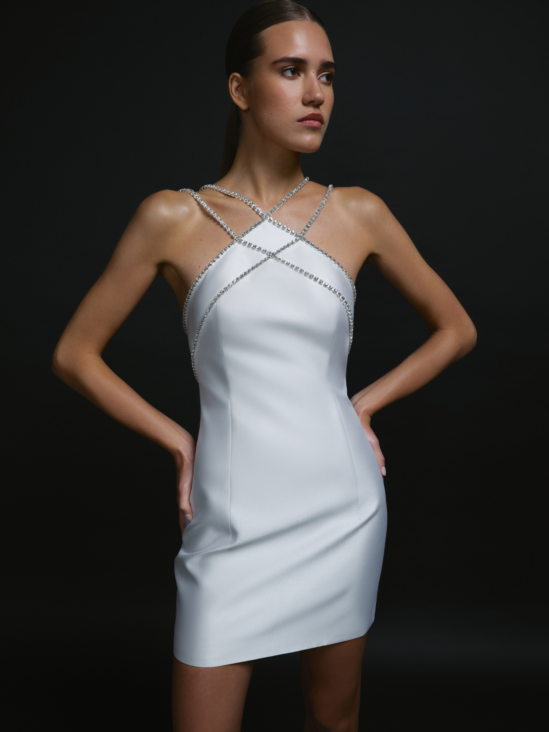 Crystal-Trim Silk Wool Mini Dress