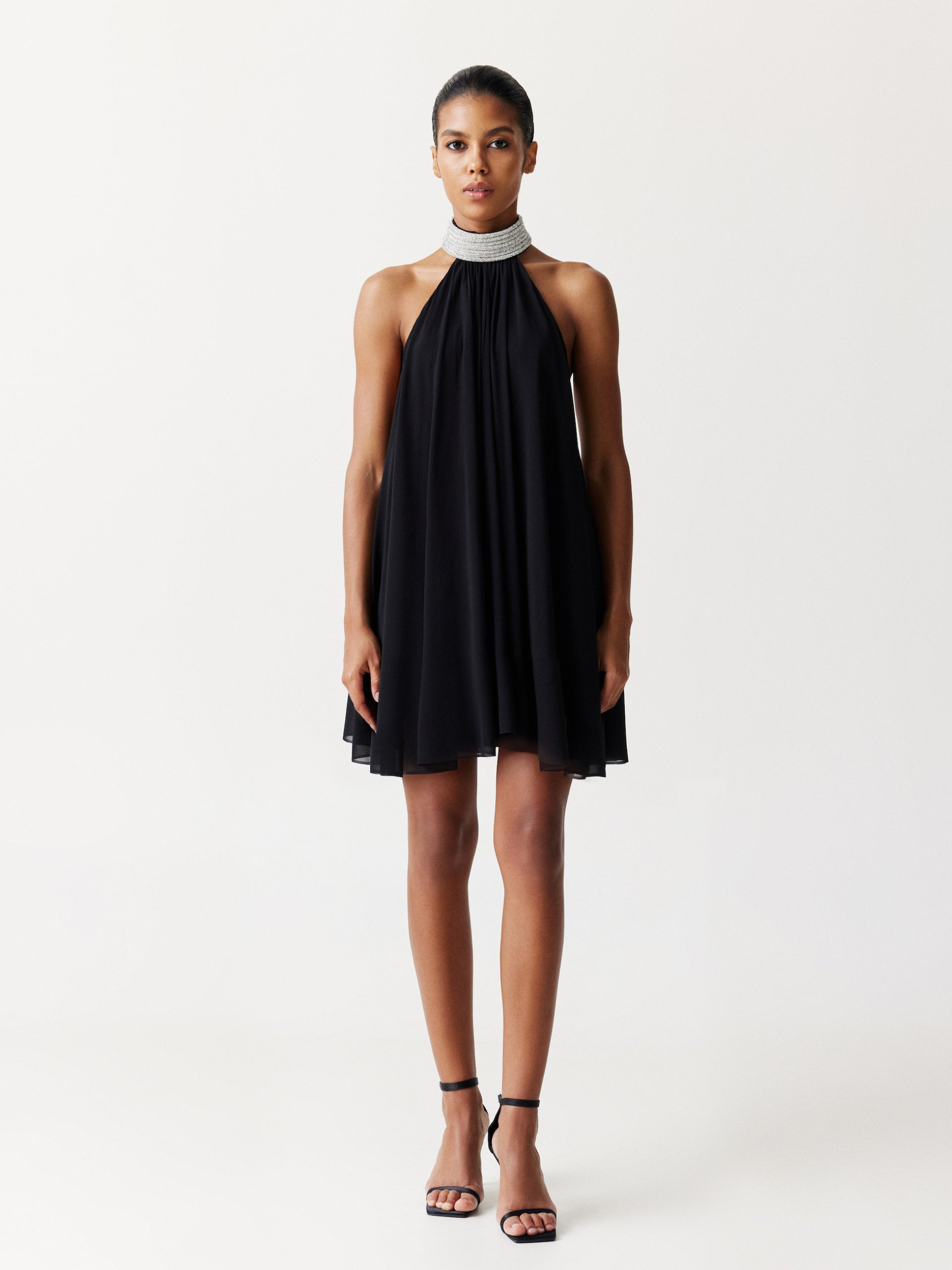 Silk Chiffon Mini Dress with a crystal embellished neck