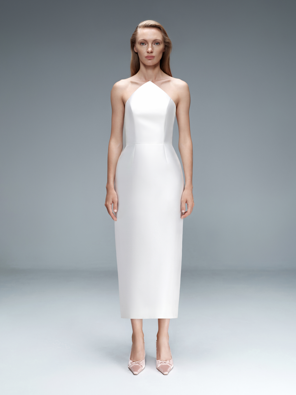 Sculpted Halter Silk Wool Midi Dress