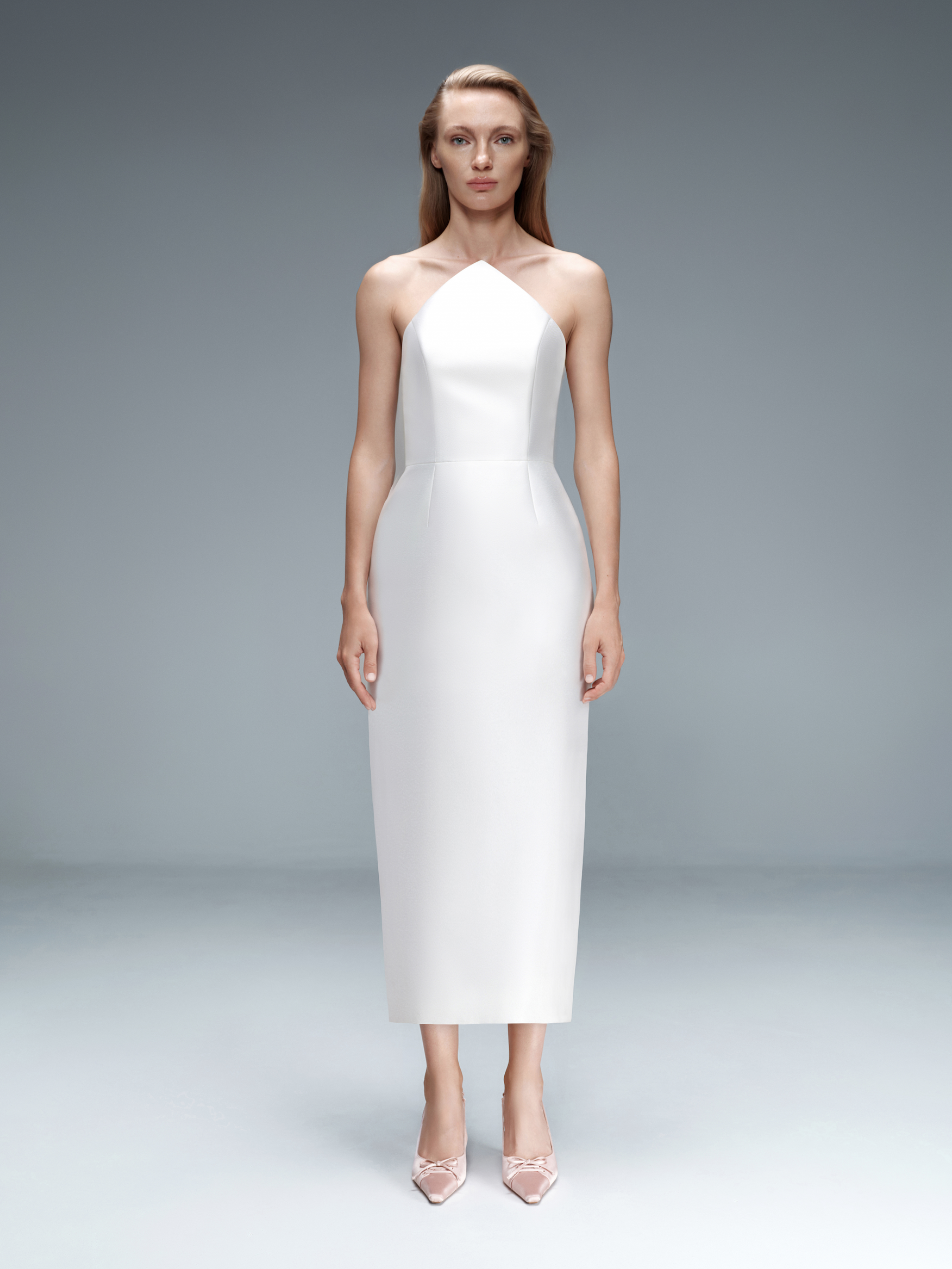 Sculpted Halter Silk Wool Midi Dress