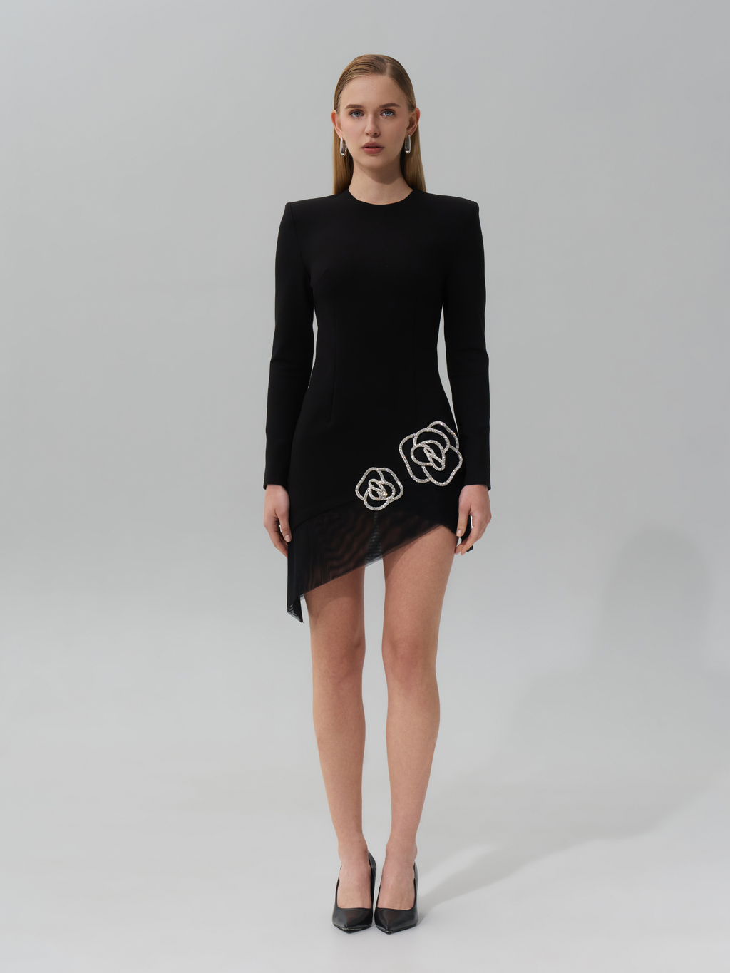 SAMPLE: Asymmetrical Mini Dress with Crystal Rose Embellishments