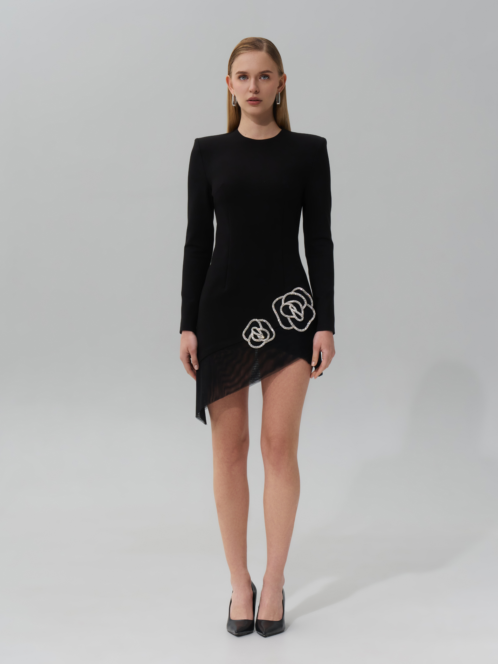 SAMPLE: Asymmetrical Mini Dress with Crystal Rose Embellishments