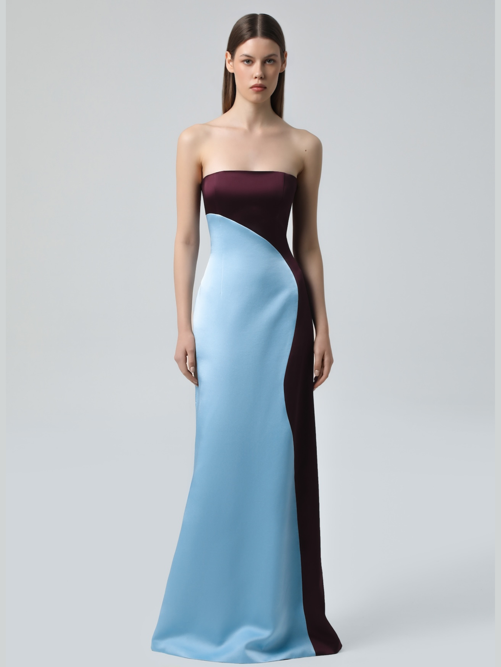 Strapless Burgundy and Light Blue Two-Tone Maxi Dress