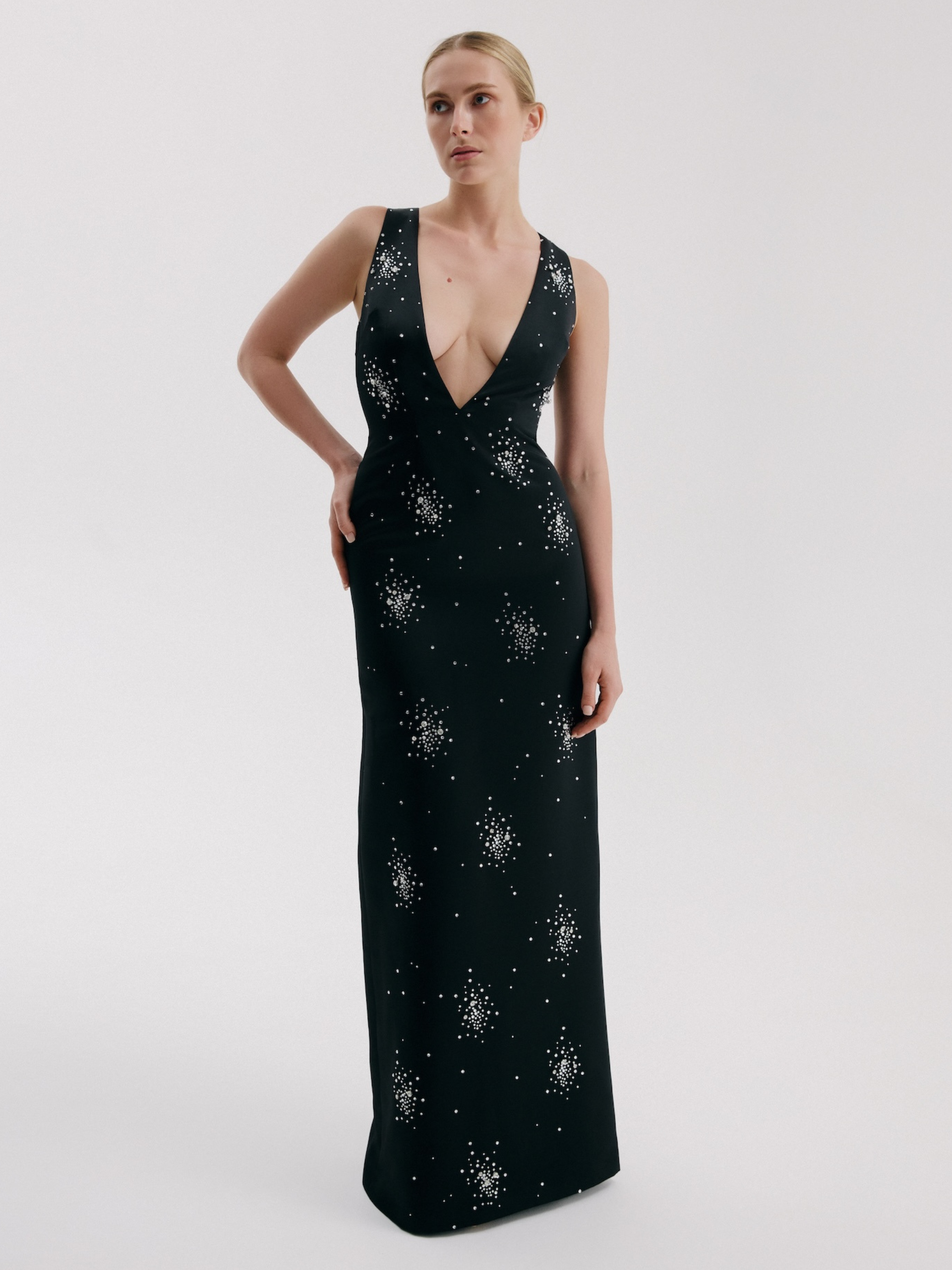 Starburst V-Neck Crystal Column Dress