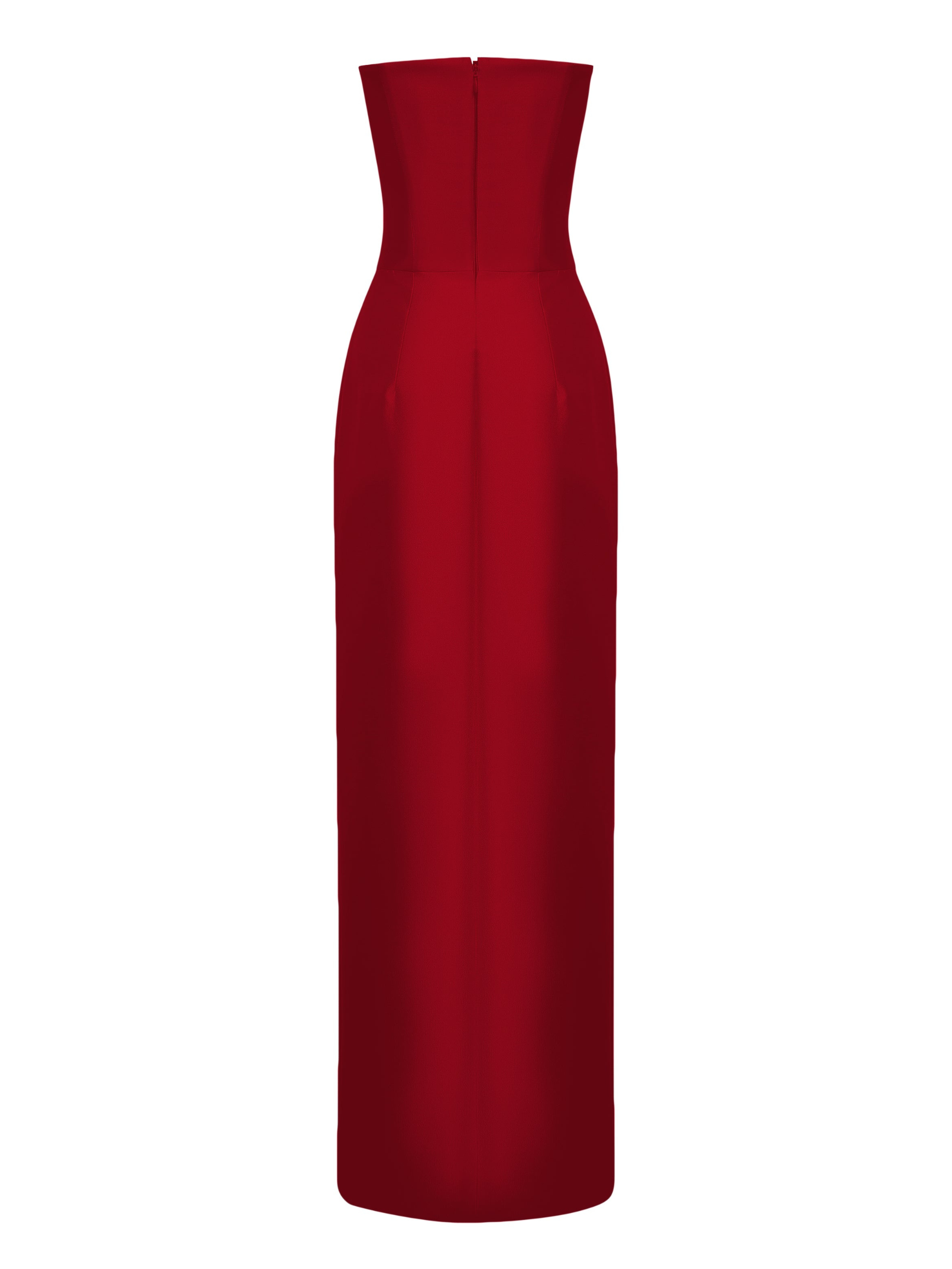 Strapless Silk Wool Column Dress with 3D Rose Detail in Red