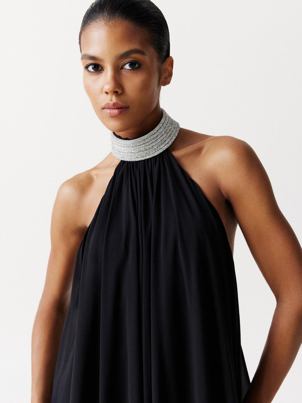 Silk Chiffon Mini Dress with a crystal embellished neck