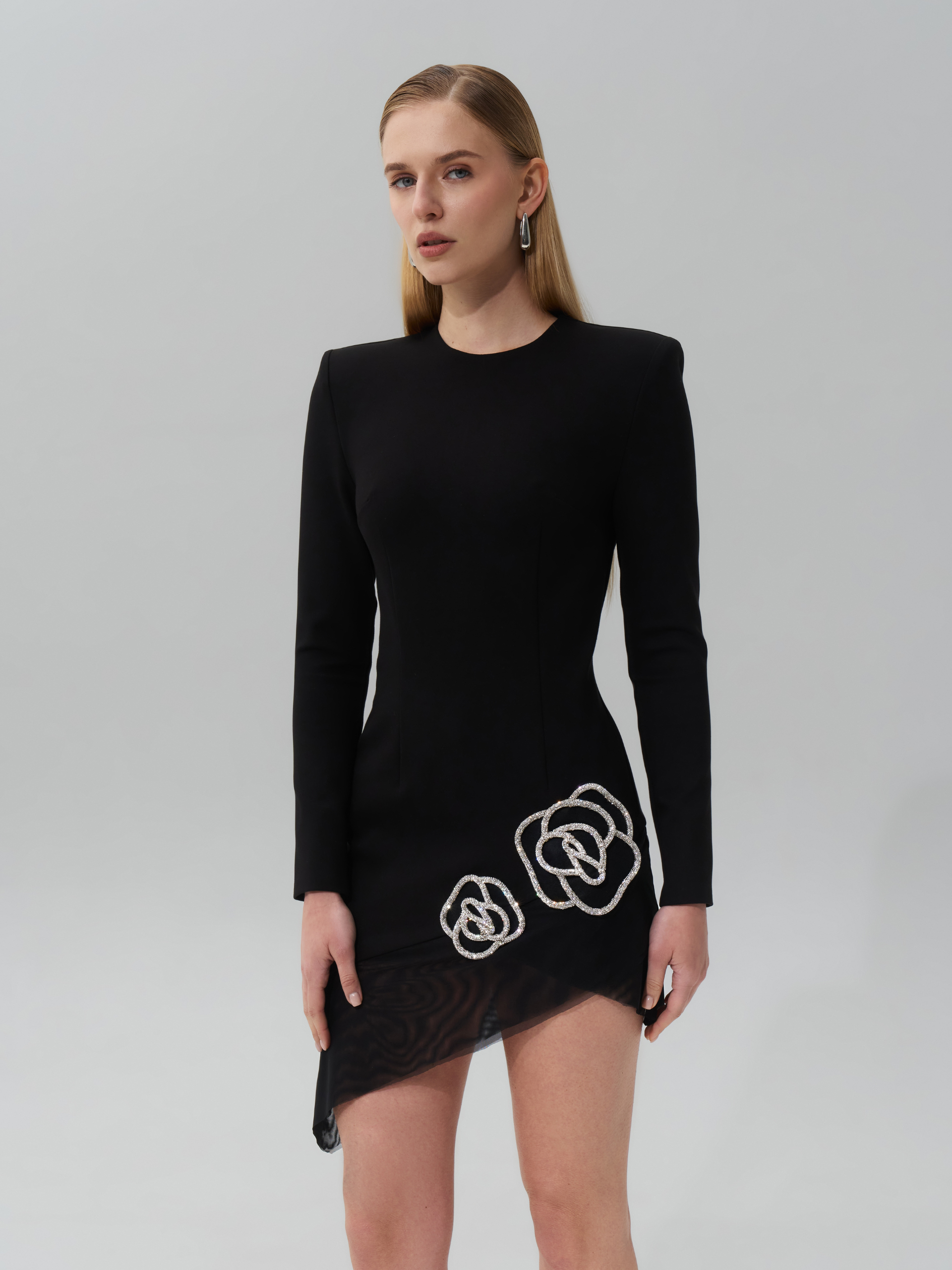 SAMPLE: Asymmetrical Mini Dress with Crystal Rose Embellishments