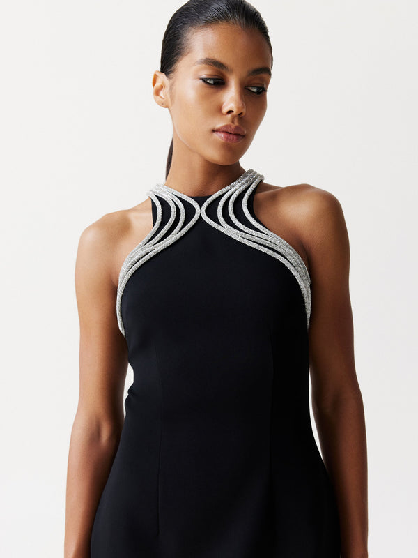 Embellished Halter Mini Dress in Black