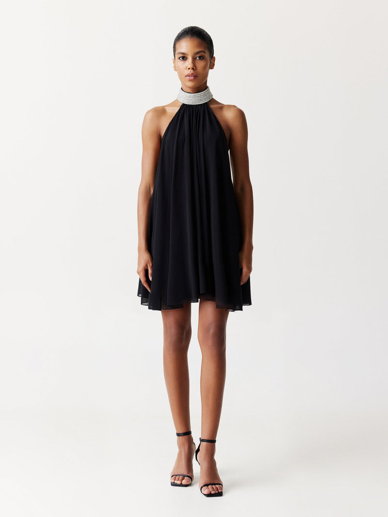 Silk Chiffon Mini Dress with a crystal embellished neck