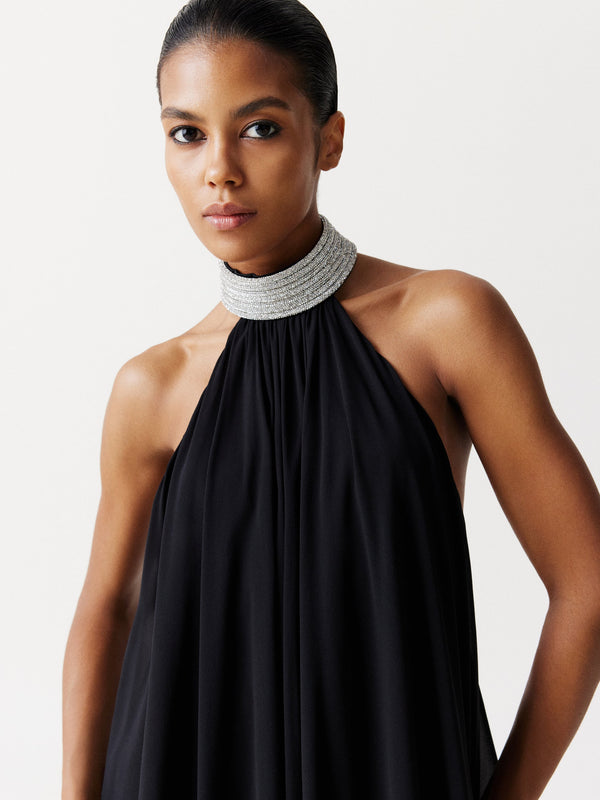 Silk Chiffon Mini Dress with a crystal embellished neck