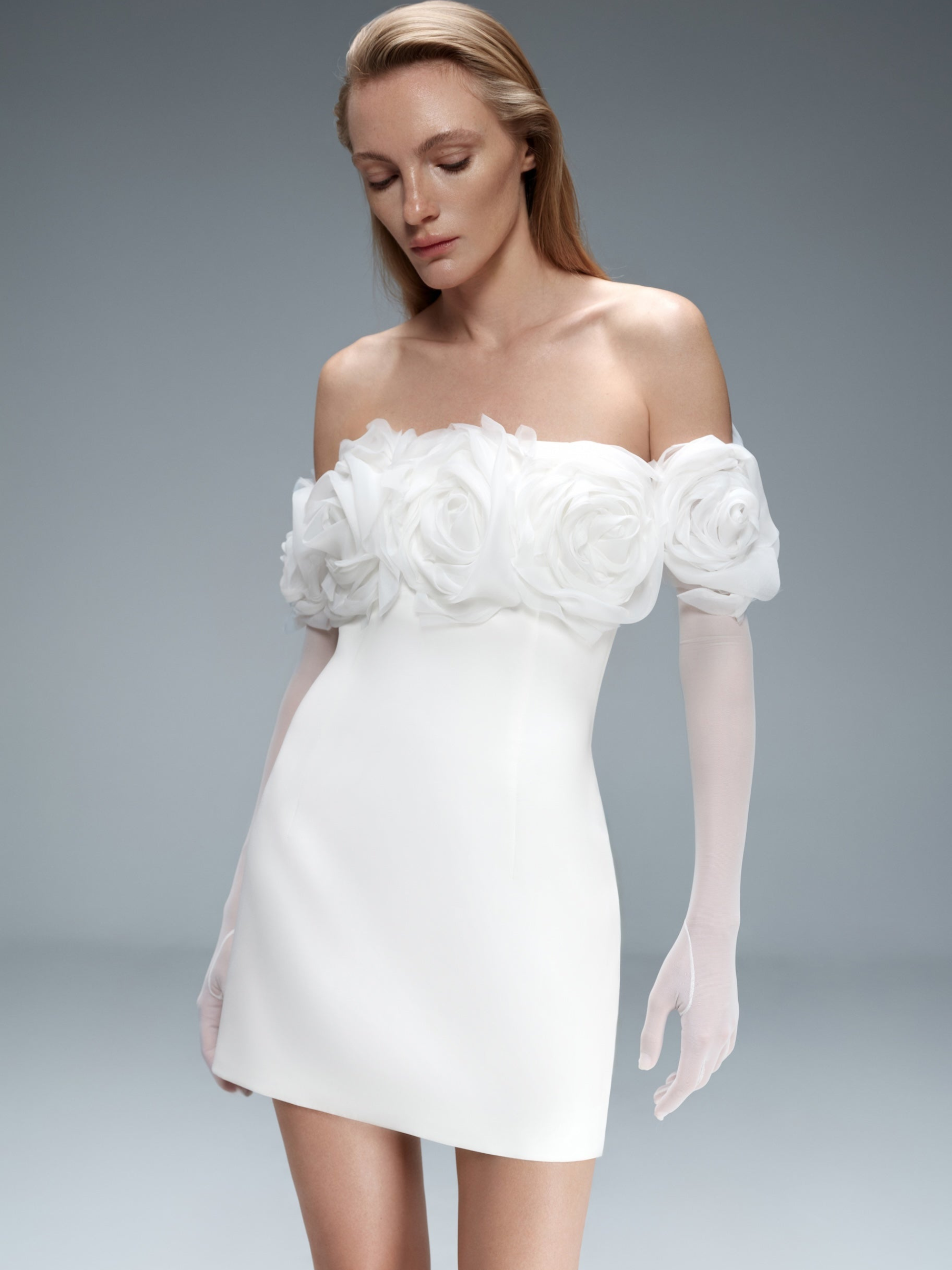 Floral-Appliqué Crepe Mini Dress