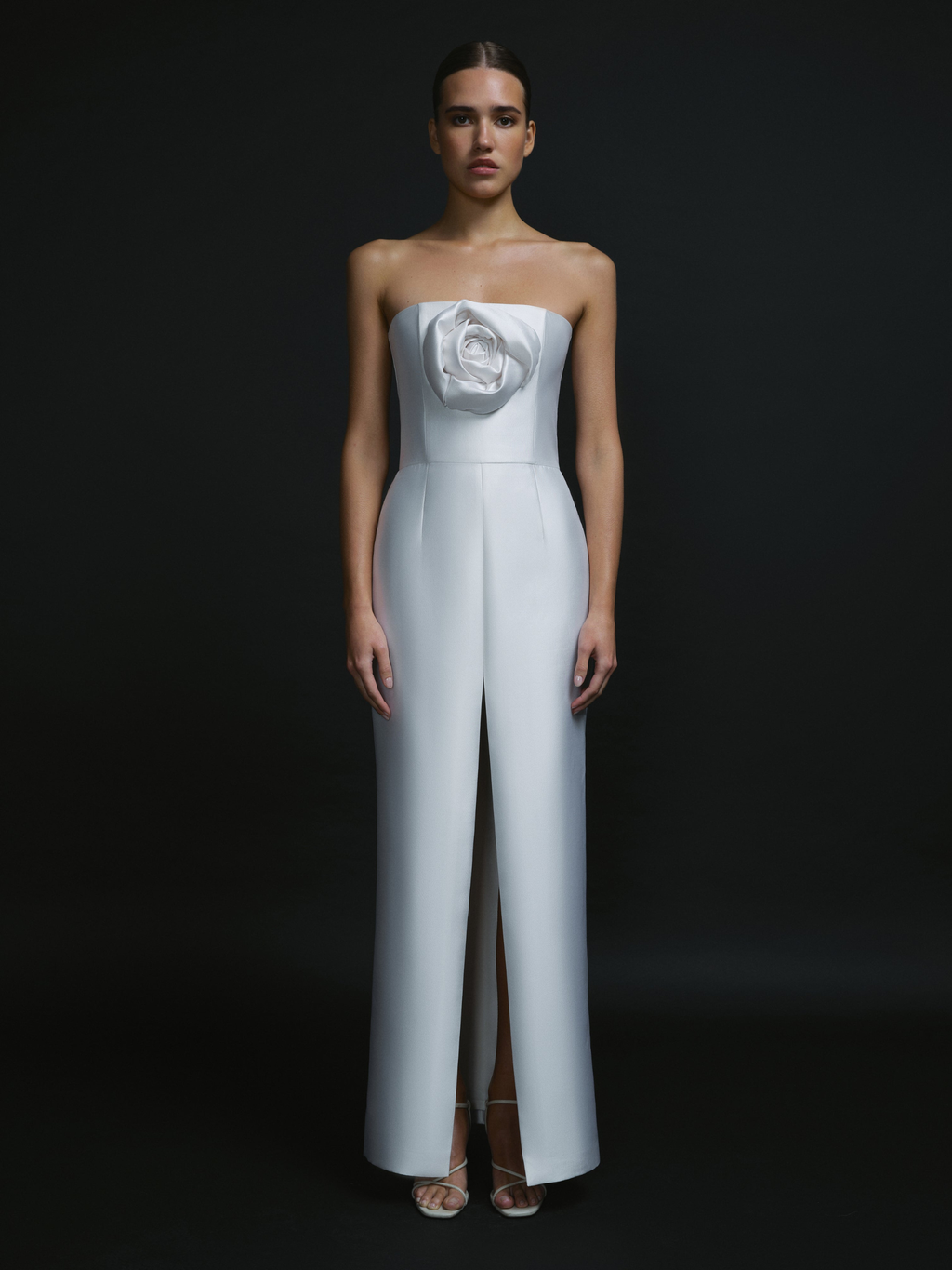 Strapless Silk Wool Column Dress with 3D Rose Detail in White