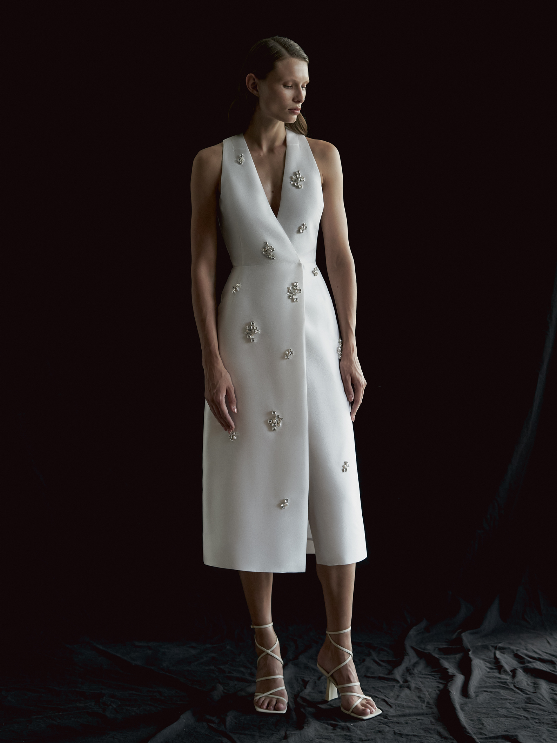 Double-Breasted Midi Dress with Jewel & Pearl Embellishments