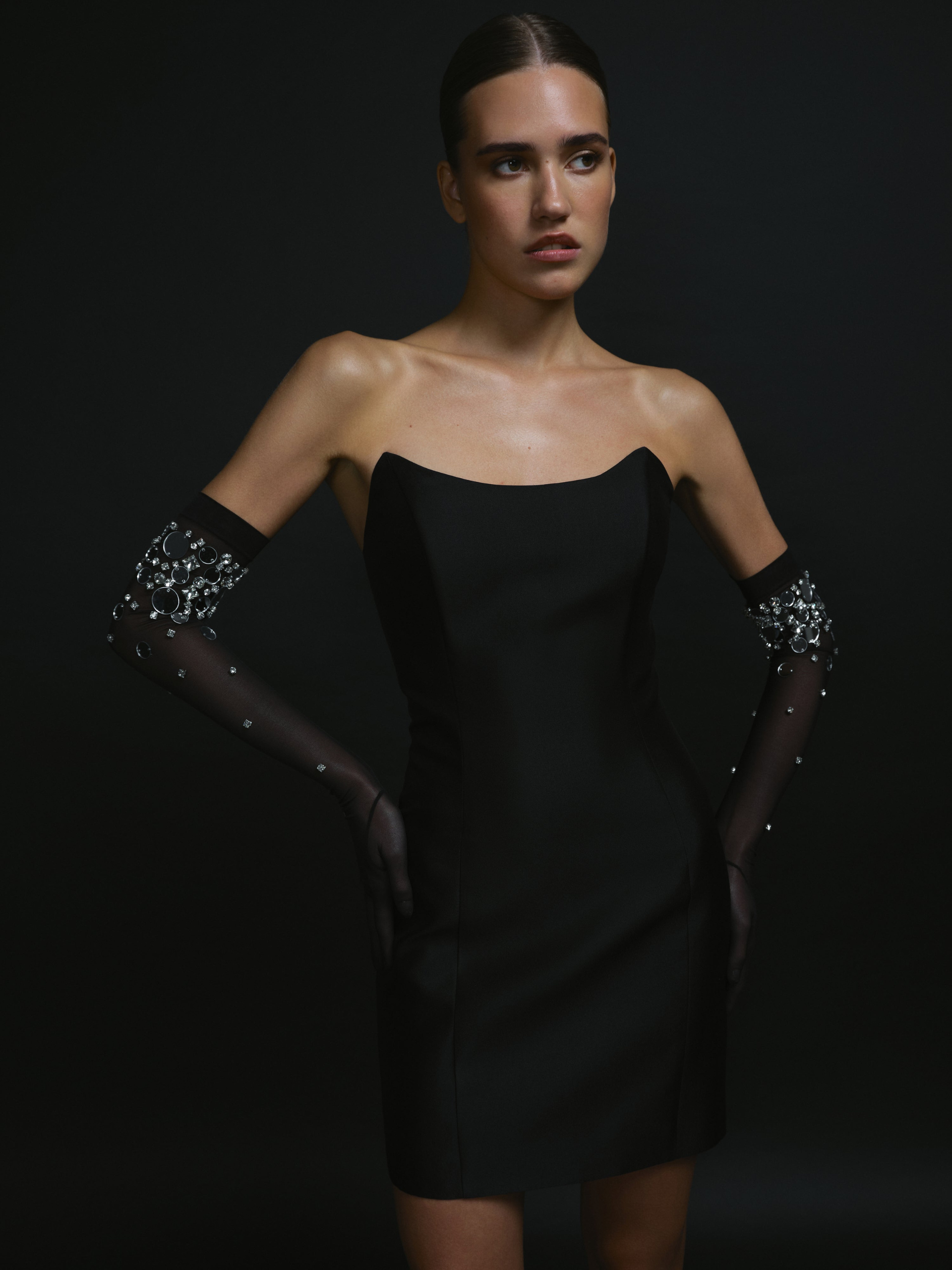 SAMPLE: Strapless Silk Wool Mini Dress in Black