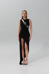 Crystal Rose Detailed High-Slit Black Dress